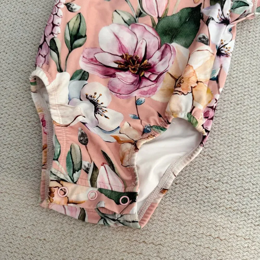 Posh Peanut Pink Floral Print Margot Ruffle One Piece Swimsuit - 12 to 18 Months